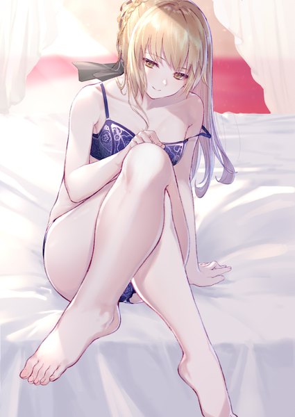 Anime picture 2150x3035 with fate (series) fate/stay night artoria pendragon (all) saber alter takubon single long hair tall image looking at viewer blush fringe highres breasts light erotic blonde hair smile sitting bare shoulders yellow eyes payot