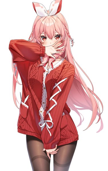Anime picture 1000x1589 with virtual youtuber atelier live pinku (vtuber) rosuuri single long hair tall image looking at viewer blush fringe simple background hair between eyes red eyes standing white background pink hair braid (braids) long sleeves arm up twin braids