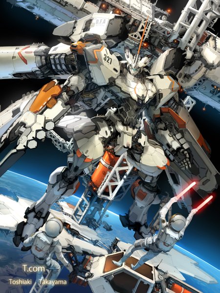 Anime picture 1063x1418 with original takayama toshiaki tall image holding from above space mechanical mechanical wings gloves wings black gloves fire helmet backpack planet robot people earth spacecraft machine