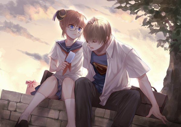 Anime picture 1280x905 with gintama sunrise (studio) kagura (gintama) okita sougo joey short hair blue eyes blonde hair pink hair eyes closed open clothes hair bun (hair buns) open shirt girl boy uniform plant (plants) shirt tree (trees) socks