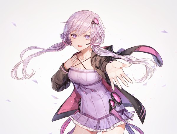 Anime picture 1500x1134 with vocaloid yuzuki yukari kim eb single long hair fringe open mouth simple background purple eyes twintails looking away purple hair :d grey background low twintails hand on chest ass visible through thighs outstretched hand girl hairclip