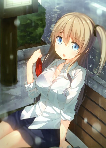Anime picture 2146x3000 with original shiva (artist) single long hair tall image looking at viewer fringe highres open mouth blue eyes blonde hair hair between eyes scan one side up girl skirt shirt white shirt