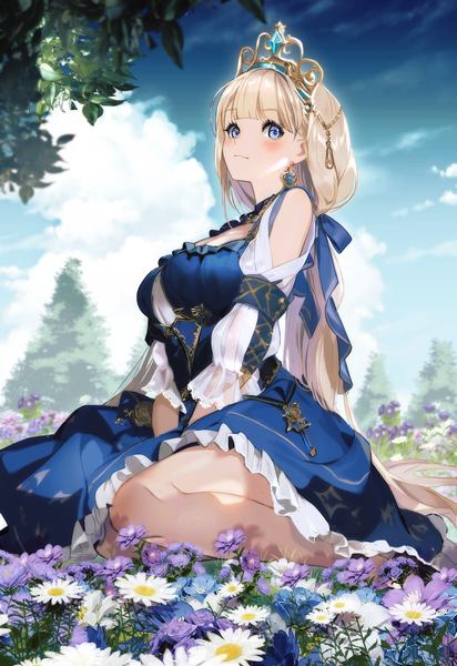 Anime picture 2265x3296 with original nasubi (w.c.s) single tall image looking at viewer blush fringe highres breasts blue eyes blonde hair sitting sky cloud (clouds) outdoors blunt bangs very long hair puffy sleeves frilled dress girl