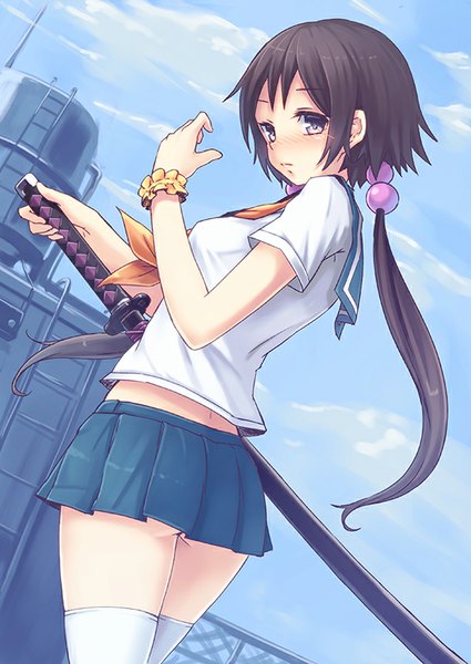 Anime picture 567x800 with original gogatsu no renkyuu single long hair tall image looking at viewer blush light erotic brown hair standing twintails sky cloud (clouds) pleated skirt looking back grey eyes girl thighhighs skirt uniform