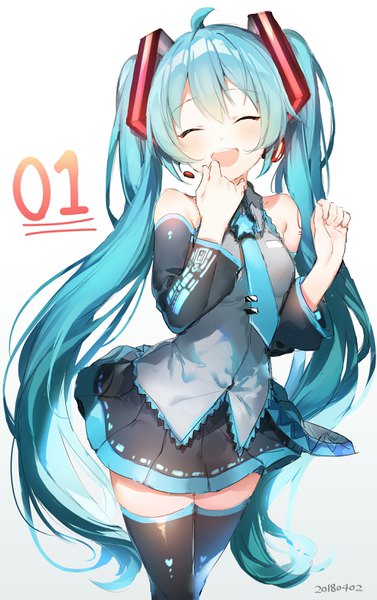 Anime picture 2055x3270 with vocaloid hatsune miku umibouzu (niito) single long hair tall image blush fringe highres open mouth simple background smile standing white background twintails bare shoulders ahoge eyes closed :d pleated skirt