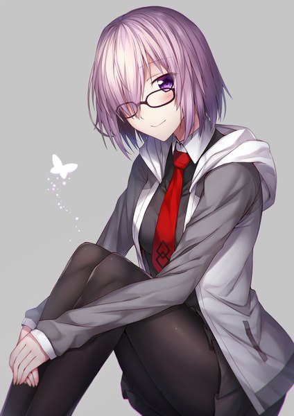 Anime picture 1000x1414 with fate (series) fate/grand order mash kyrielight luzi (coffee-straw-luzi) single tall image looking at viewer blush fringe short hair breasts simple background smile sitting purple eyes purple hair long sleeves pleated skirt hair over one eye grey background