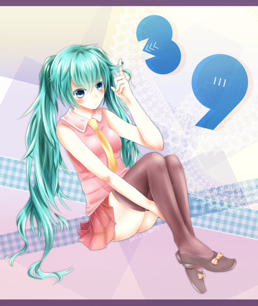 Anime picture 1002x1185 with vocaloid hatsune miku love flower emily single tall image blush blue eyes twintails very long hair aqua hair legs playing with hair hair twirling 39 girl thighhighs black thighhighs miniskirt