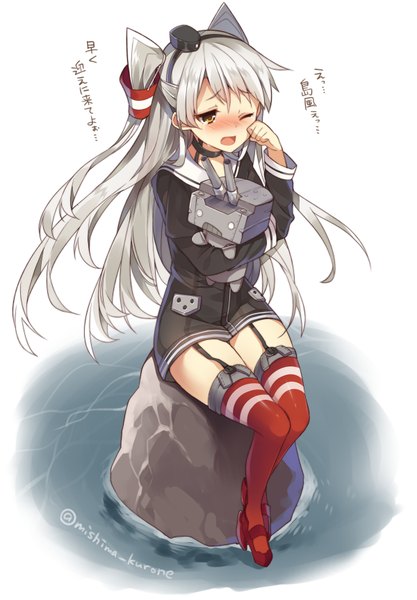 Anime picture 600x863 with kantai collection amatsukaze destroyer rensouhou-kun mishima kurone long hair tall image blush open mouth sitting holding signed yellow eyes silver hair one eye closed wink two side up tears crying girl thighhighs