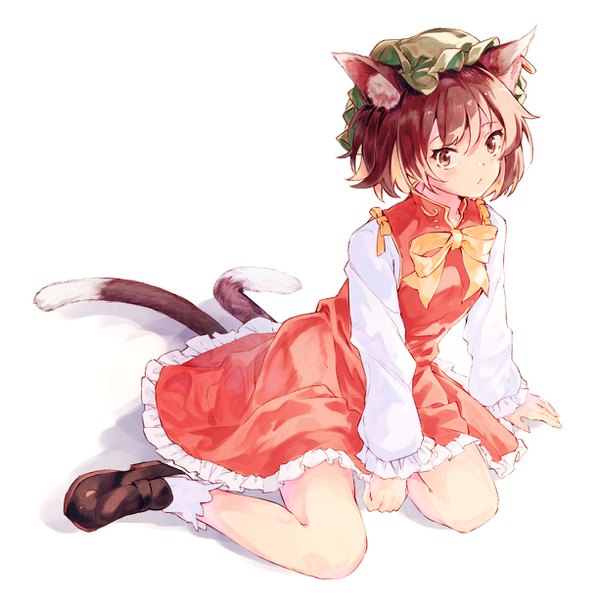 Anime picture 1222x1227 with touhou chen tamiku (shisyamo609) single tall image short hair simple background brown hair white background sitting brown eyes animal ears full body tail animal tail cat ears cat tail multiple tails nekomata girl
