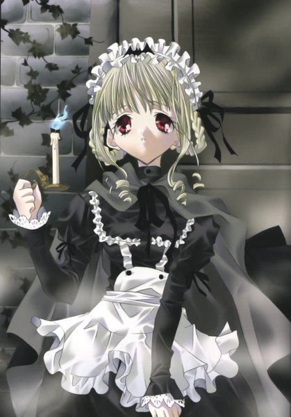 Anime picture 2117x3030 with peach-pit single long hair tall image highres blonde hair red eyes holding maid drill hair girl plant (plants) headdress maid headdress cape apron cloak bonnet candle (candles)