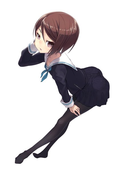 Anime picture 1061x1500 with original risou (maeda risou) single tall image short hair simple background brown hair white background purple eyes barefoot girl uniform school uniform miniskirt pantyhose