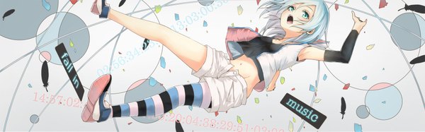 Anime picture 2000x625 with original la-na single fringe short hair open mouth blue eyes wide image blue hair looking away armpit (armpits) midriff groin falling open shorts girl navel shorts feather (feathers)