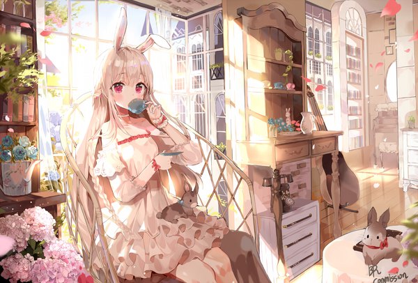 Anime picture 1181x800 with original b rock single long hair looking at viewer blush fringe hair between eyes sitting signed animal ears silver hair indoors very long hair pink eyes bunny ears cute drinking girl dress