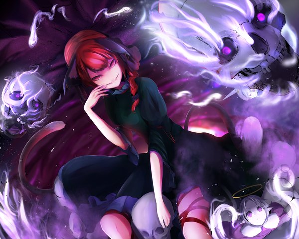 Anime picture 1500x1200 with touhou kaenbyou rin zombie fairy yugeoryouki long hair looking at viewer smile red eyes purple eyes animal ears red hair tail braid (braids) animal tail pointy ears cat ears cat tail twin braids multiple tails minigirl