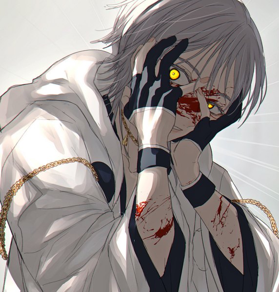 Anime picture 1143x1200 with touken ranbu nitroplus tsurumaru kuninaga abandon ranka single tall image looking at viewer short hair yellow eyes upper body fingernails grey hair glowing glowing eye (eyes) blood on face hands on face crazy eyes girl gloves blood