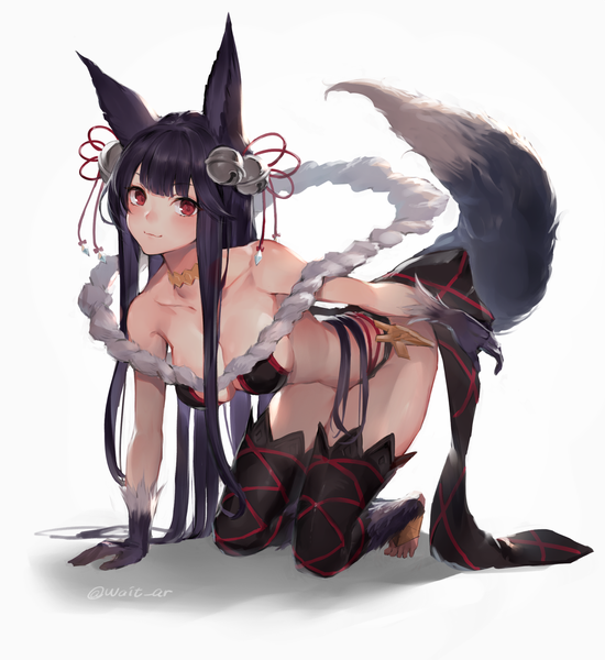 Anime picture 1833x2000 with granblue fantasy yuel (granblue fantasy) watao single long hair tall image looking at viewer fringe highres breasts light erotic black hair simple background red eyes large breasts white background bare shoulders signed animal ears cleavage