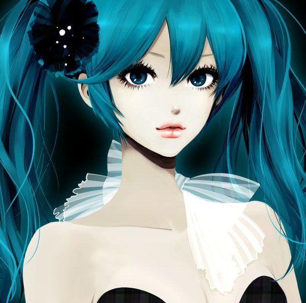 Anime picture 1205x1193 with vocaloid hatsune miku single looking at viewer blue eyes simple background twintails bare shoulders lips aqua hair girl flower (flowers) bow