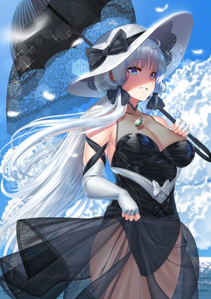 Anime picture 992x1403 with azur lane illustrious (azur lane) gt-apex single long hair tall image looking at viewer fringe breasts blue eyes light erotic large breasts standing twintails holding sky cleavage silver hair cloud (clouds) outdoors