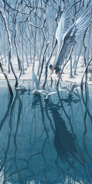 Anime picture 4258x8500 with ghost blade yan (ghost blade) wlop single long hair tall image highres absurdres silver hair full body outdoors barefoot reflection winter snow flying white wings bare tree lake girl