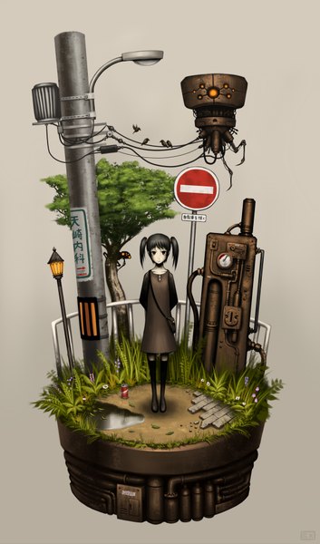 Anime picture 1100x1868 with original gia single tall image short hair black hair red eyes twintails light smile short twintails hands behind back girl plant (plants) tree (trees) boots bag traffic sign