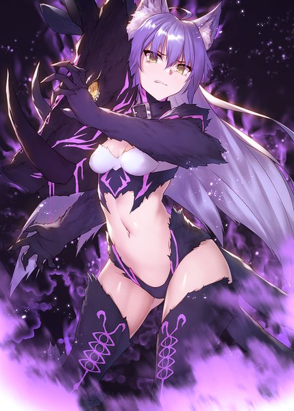 Anime picture 972x1359 with fate (series) fate/grand order atalanta (fate) atalanta (alter) (fate) ibuki notsu single long hair tall image looking at viewer fringe breasts light erotic simple background hair between eyes standing animal ears yellow eyes payot purple hair ahoge