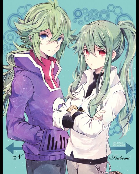 Anime picture 680x850 with pokemon kagerou project pokemon black and white shaft (studio) nintendo kido tsubomi n (pokemon) kabocha torute long hair tall image looking at viewer blue eyes smile red eyes ahoge ponytail green hair alternate costume crossed arms serious