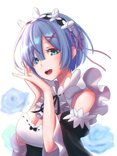 Anime picture 1000x1333 with re:zero kara hajimeru isekai seikatsu white fox rem (re:zero) bob-the-bison single tall image looking at viewer fringe short hair breasts open mouth large breasts white background green eyes blue hair cleavage upper body :d hair over one eye maid
