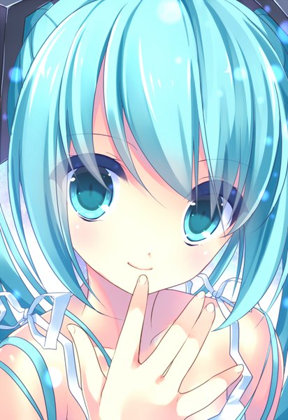 Anime picture 1032x1500 with vocaloid hatsune miku nametakenoko single long hair tall image looking at viewer twintails aqua eyes light smile aqua hair portrait face girl