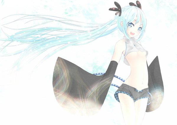 Anime picture 2925x2068 with vocaloid hatsune miku nekobaka single highres open mouth light erotic simple background twintails very long hair aqua eyes aqua hair midriff girl detached sleeves shorts