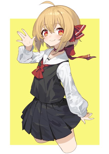Anime picture 1200x1697 with touhou rumia sh (562835932) single tall image looking at viewer fringe short hair simple background blonde hair smile hair between eyes red eyes ahoge pleated skirt yellow background waving girl skirt bow