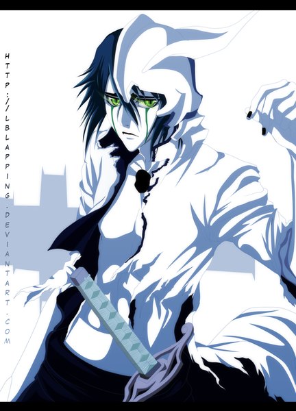 Anime picture 777x1080 with bleach studio pierrot ulquiorra schiffer iblapping lblapping single tall image short hair black hair green eyes nail polish traditional clothes japanese clothes horn (horns) tattoo coloring torn clothes facial mark espada boy
