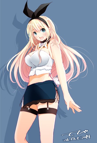 Anime-Bild 1358x2000 mit kantai collection atago heavy cruiser tebi (tbd11) single long hair tall image looking at viewer blush fringe breasts open mouth blue eyes light erotic simple background blonde hair smile large breasts bare shoulders signed cleavage