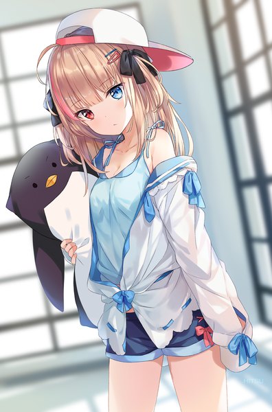 Anime picture 870x1318 with original hitsukuya single long hair tall image looking at viewer blush fringe blue eyes blonde hair red eyes standing ahoge blunt bangs long sleeves blurry off shoulder two side up dutch angle heterochromia