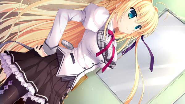 Anime picture 1280x720 with alia's carnival! sakurakouji tsukuyomi nanao naru single long hair blue eyes blonde hair wide image looking away game cg girl skirt uniform ribbon (ribbons) hair ribbon school uniform