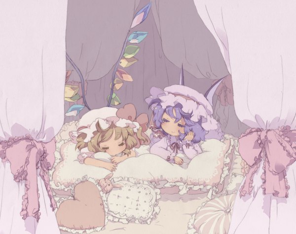 Anime picture 2808x2216 with touhou flandre scarlet remilia scarlet oto highres short hair blonde hair multiple girls purple hair eyes closed sleeping siblings head rest sisters canopy bed girl 2 girls hat wings pillow