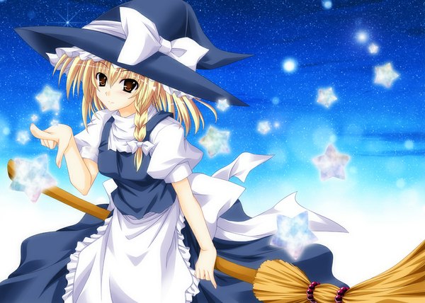 Anime picture 1000x714 with touhou kirisame marisa aoi hiro single short hair blonde hair brown eyes girl dress skirt star (symbol) star (stars) witch hat skirt set broom