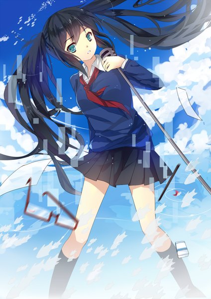 Anime picture 1600x2262 with vocaloid monochro blue sky (vocaloid) hatsune miku kita (kitairoha) single long hair tall image blue eyes black hair twintails cloud (clouds) girl skirt uniform school uniform miniskirt socks glasses black socks microphone