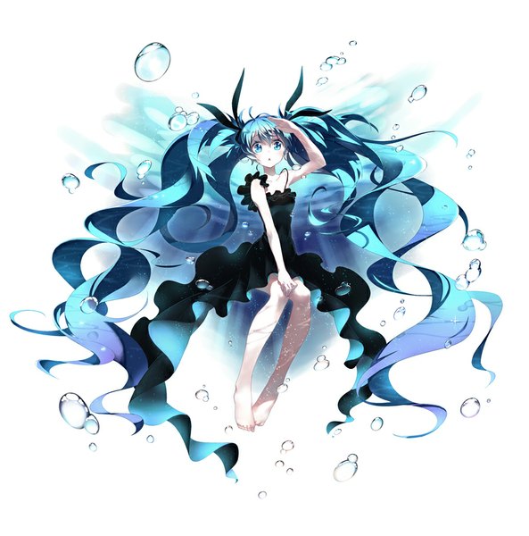 Anime picture 900x911 with vocaloid shinkai shoujo (vocaloid) hatsune miku lf single tall image looking at viewer blush fringe twintails bare shoulders bent knee (knees) very long hair parted lips barefoot aqua eyes aqua hair bare legs no shoes underwater