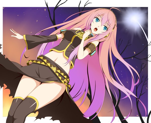 Anime picture 3893x3192 with vocaloid megurine luka violet sit single long hair highres open mouth blue eyes pink hair absurdres girl thighhighs skirt navel black thighhighs detached sleeves miniskirt headphones skirt set