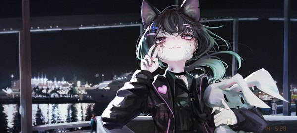 Anime picture 2500x1118 with original timitarcat long hair looking at viewer fringe highres black hair wide image purple eyes holding animal ears upper body outdoors nail polish pink eyes arm up fingernails cat ears night mole
