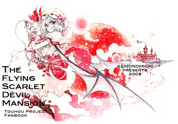Anime picture 1000x697 with touhou remilia scarlet chihiro (kemonomichi) single short hair smile red eyes silver hair inscription bat wings red moon girl dress petals wings bonnet clock pocket watch