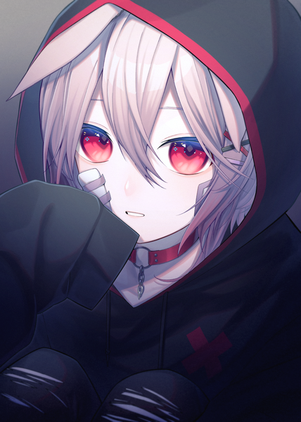 Anime picture 1000x1403 with original watase single tall image looking at viewer fringe short hair hair between eyes red eyes animal ears white hair long sleeves bunny ears torn clothes hands in sleeves bandaid on face boy hair ornament choker hood