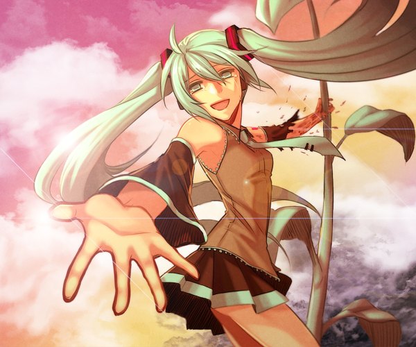 Anime picture 1200x1000 with vocaloid hatsune miku single long hair highres open mouth twintails bare shoulders green eyes cloud (clouds) green hair tears girl skirt plant (plants) detached sleeves necktie