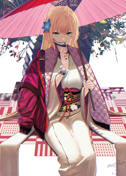 Anime picture 3900x5450 with original maoushiori3 single long hair tall image looking at viewer fringe highres blue eyes blonde hair simple background hair between eyes white background signed payot absurdres ahoge nail polish traditional clothes japanese clothes