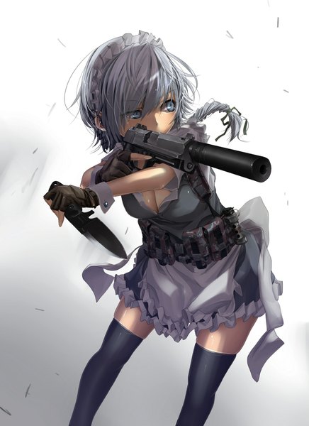 Anime picture 1224x1683 with touhou izayoi sakuya koh (minagi kou) tall image simple background white background cleavage silver hair grey hair maid silver eyes girl thighhighs gloves weapon black thighhighs headdress fingerless gloves gun maid headdress