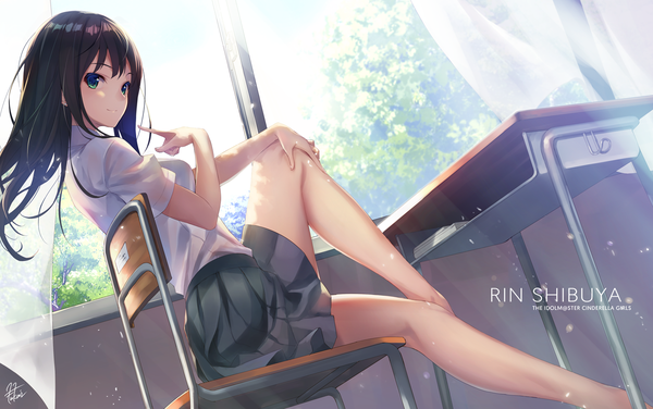 Anime picture 1260x790 with idolmaster idolmaster cinderella girls shibuya rin fukai ryosuke single long hair looking at viewer fringe smile brown hair sitting green eyes signed bent knee (knees) indoors pleated skirt wind sunlight bare legs copyright name