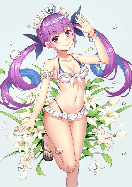 Anime picture 2445x3478 with virtual youtuber hololive minato aqua hongye feixue single long hair tall image looking at viewer blush fringe highres breasts light erotic smile standing purple eyes twintails bare shoulders payot purple hair