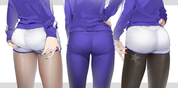 イラスト 3760x1864 と シャイニングスター tagme (character) jay (shining star) お久しぶり highres light erotic simple background wide image 立つ 白背景 multiple girls signed 尻 nail polish from behind legs 腰に手 head out of frame ass grab legwear under shorts