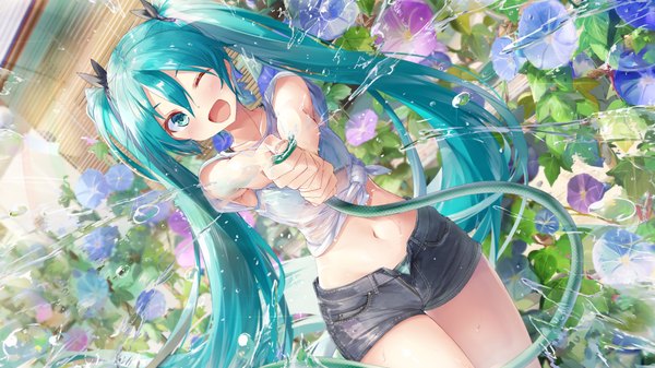 Anime picture 3840x2160 with vocaloid hatsune miku daidou (demitasse) single looking at viewer blush fringe highres open mouth hair between eyes wide image absurdres outdoors very long hair one eye closed aqua eyes wink aqua hair short sleeves midriff