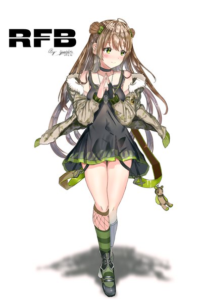 Anime picture 1326x2000 with girls frontline rfb (girls frontline) yucin single long hair tall image blush fringe highres smile brown hair green eyes signed looking away full body off shoulder shadow fur trim character names dated